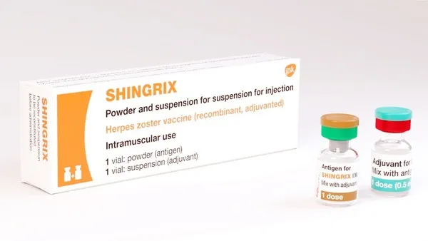 싱그릭스(Shingrix) 대상포진 예방접종 가격 주사 상자와 주사제 분말 및 용해액 병(바이알)의 모습