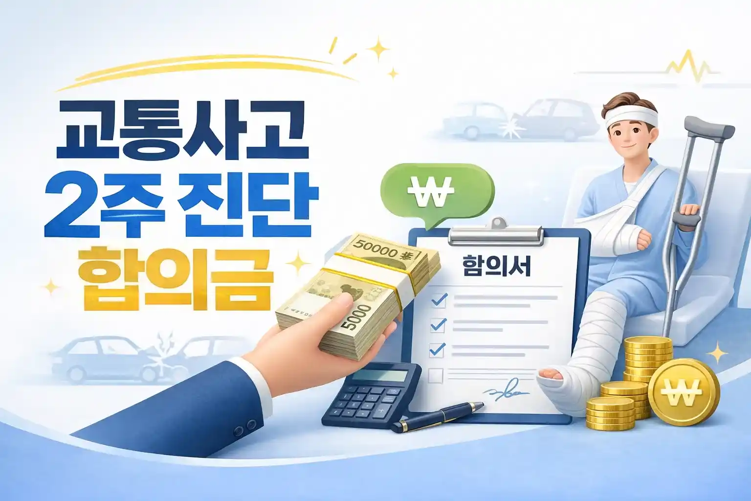 교통사고 2주 진단 합의금이라는 텍스트와 함께 2026년 보상 제도 개선 흐름에 따른 향후치료비 통제 및 8주 장기치료 심사 기준을 설명하는 가이드 대표 이미지