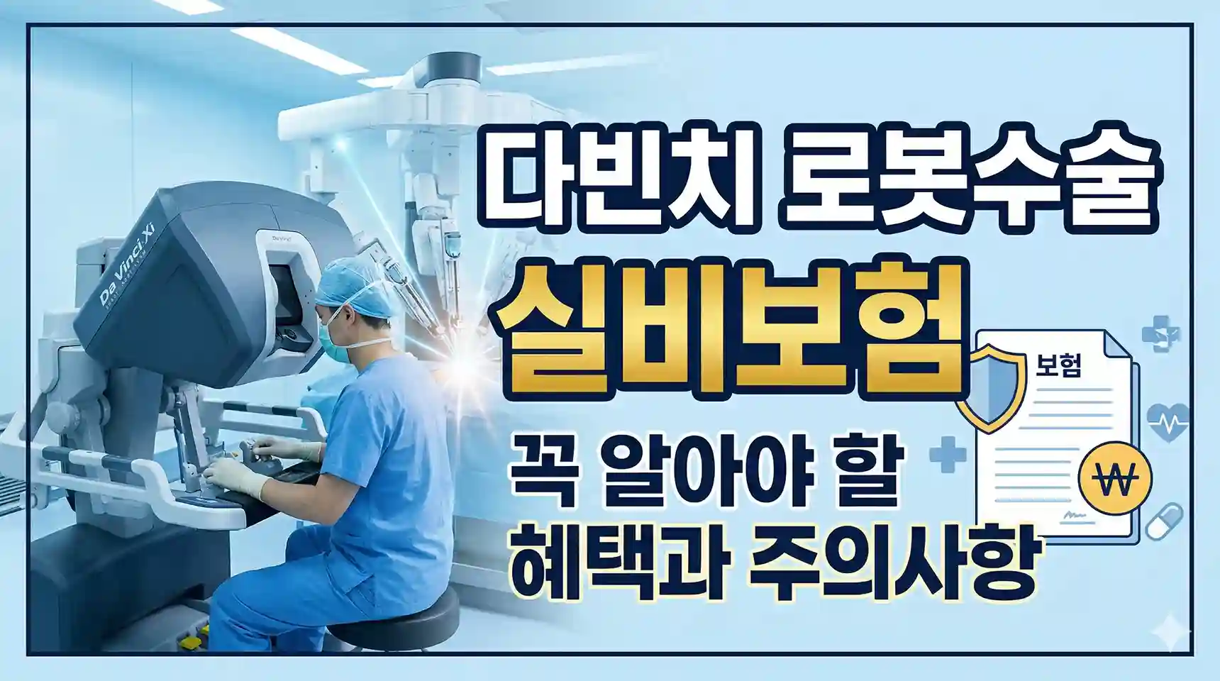 다빈치 로봇수술 실비보험 필수 소견서라는 텍스트와 함께 의사가 로봇수술 기기(다빈치 Xi)를 조작하는 모습, 그리고 실손보험 청구 시 꼭 알아야 할 혜택과 주의사항을 안내하는 대표 이미지