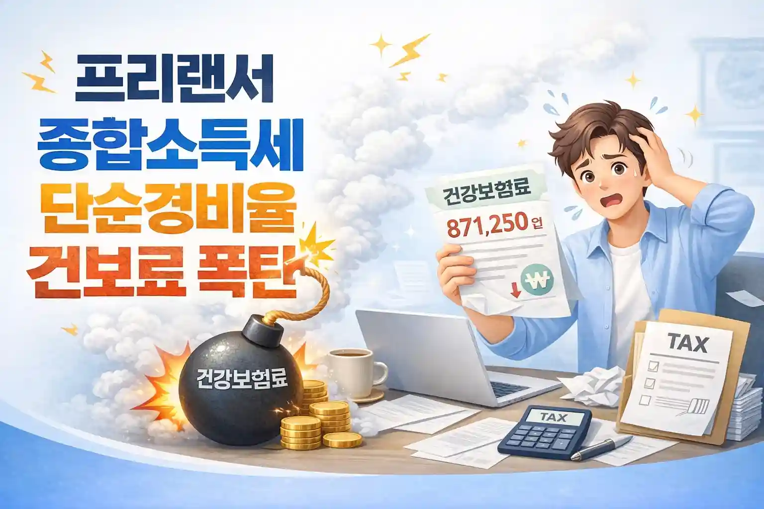프리랜서 종합소득세 단순경비율 건보료 폭탄이라는 텍스트와 함께 5월 세금 신고 실수로 11월에 871,250원의 건강보험료 폭탄 고지서를 받고 절망하는 남성의 모습을 담은 대표 이미지