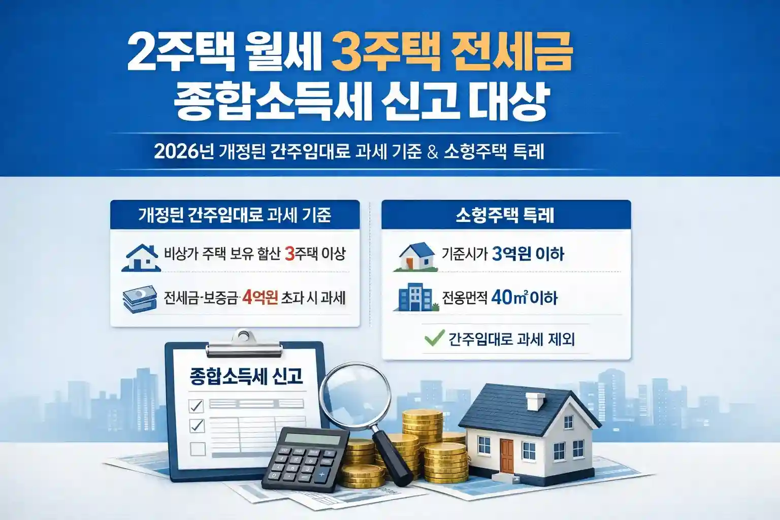 2주택 월세 3주택 전세금 종합소득세 신고 대상이라는 텍스트와 함께 다주택자의 간주임대료 세금 폭탄을 피하는 과세 기준을 설명하는 대표 이미지
