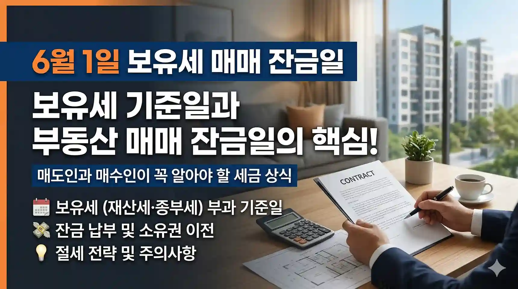 6월 1일 보유세 매매 잔금일 보유세 기준일과 부동산 매매 잔금일의 핵심! 매도인과 매수인이 꼭 알아야 할 세금 상식이라는 텍스트와 함께 계약서에 서명하는 모습이 그려진 완벽 마무리 대표 이미지