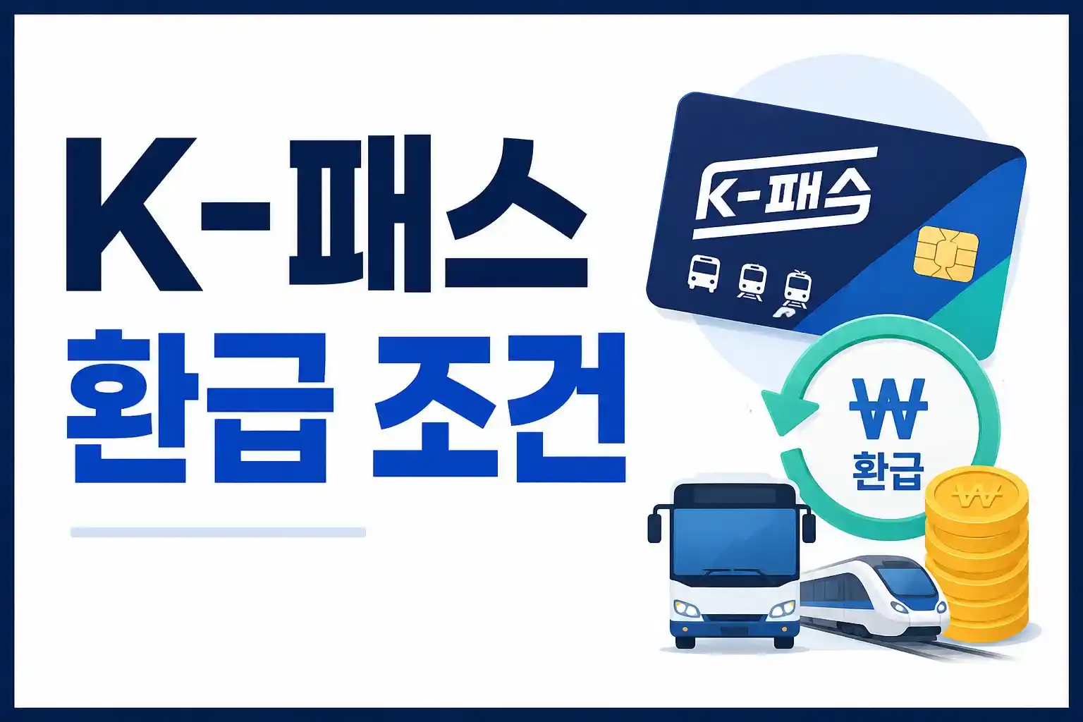 K-패스 환급 조건이라는 텍스트와 함께 기존 알뜰교통카드의 불편함을 개선하고 대중교통 이용 횟수와 금액에 따라 현금으로 돌려받는 절차를 설명하는 대표 이미지