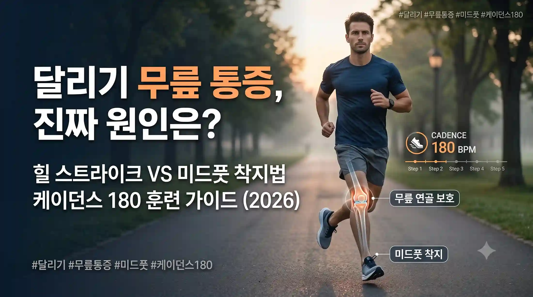 달리기 무릎 통증 원인 텍스트와 함께 힐 스트라이크와 미드풋 착지법, 케이던스 180 훈련 가이드를 시각화한 대표 이미지