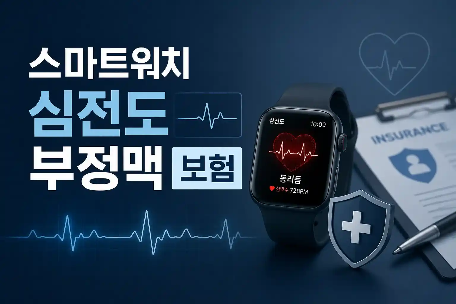 스마트워치 심전도 부정맥 보험이라는 텍스트와 함께 러닝 중 스마트워치로 심전도를 측정하고 심혈관 질환 보험을 점검하는 대표 이미지