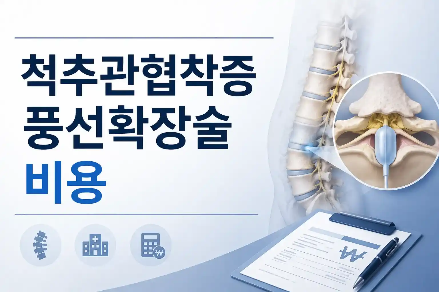 척추관협착증 풍선확장술 비용 텍스트와 척추 모형, 실비 보험 청구 서류가 함께 있는 대표 이미지