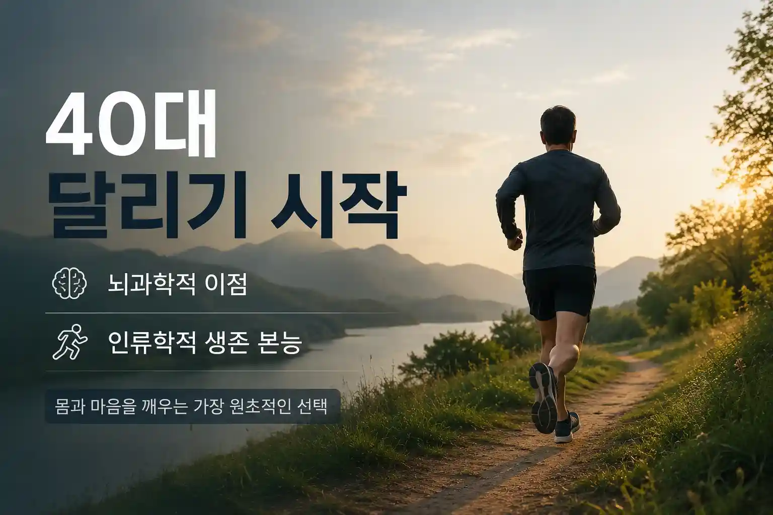 40대 달리기 시작이라는 텍스트와 함께 뇌과학적 이점과 인류학적 생존 본능을 깨닫고 자연 속을 달리는 러너의 뒷모습을 담은 에세이 대표 이미지