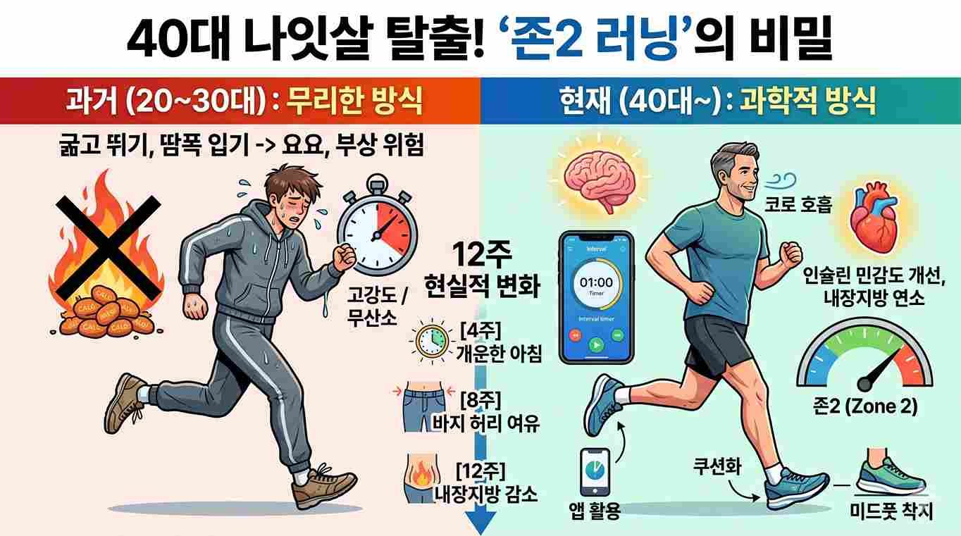 40대 달리기 다이어트 성공을 위해 존2 심박수를 유지하며 공원을 달리고 있는 40대 중년 러너