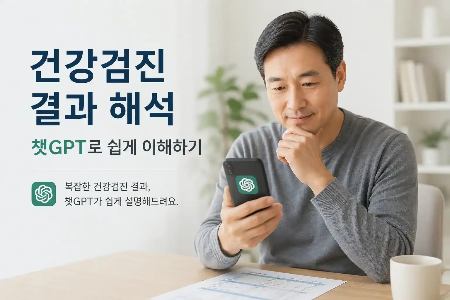 스마트폰 챗GPT 앱을 활용해 복잡한 건강검진 결과지 해석을 도움받고 있는 4050 중년 남성