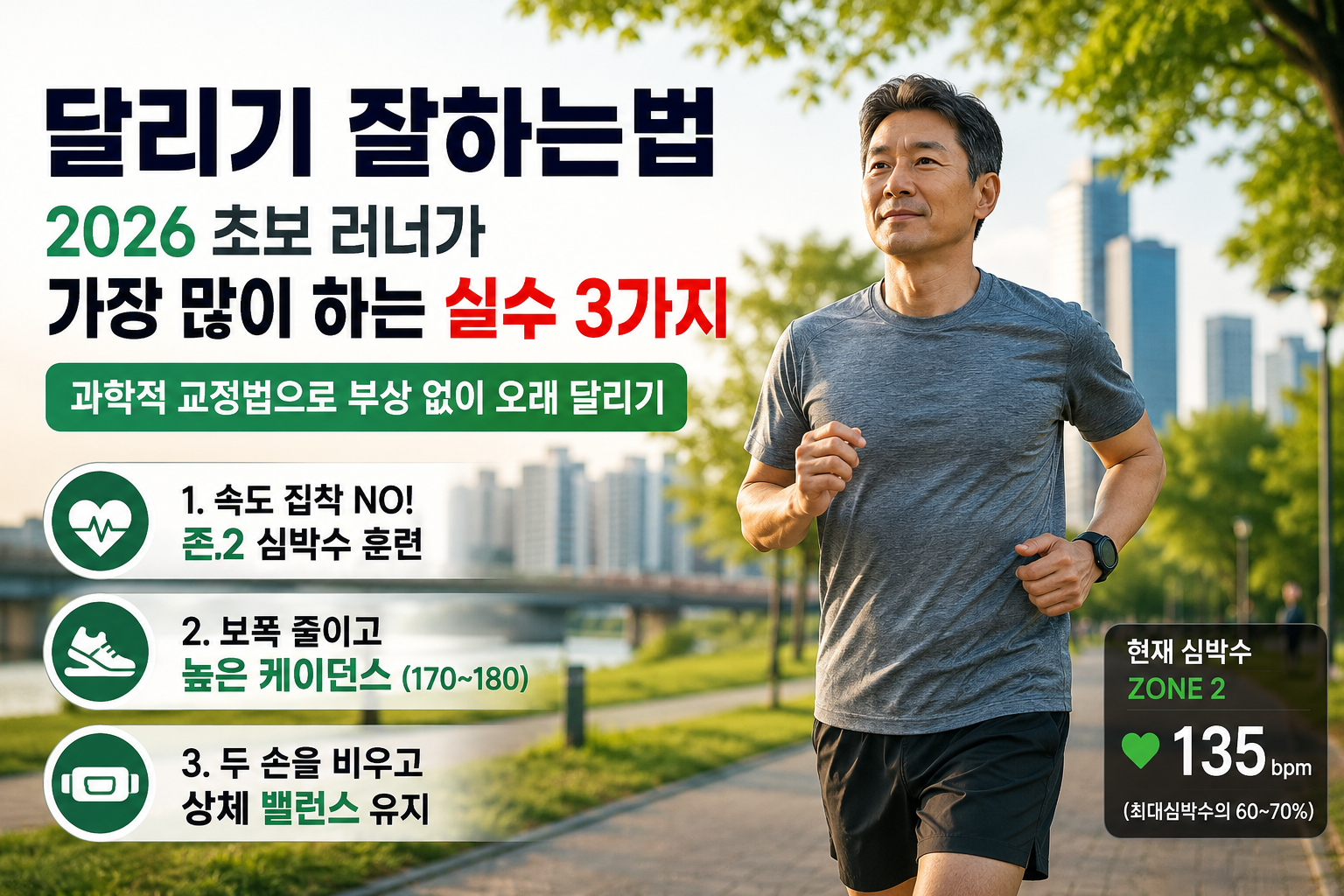 달리기 잘하는법과 올바른 자세 교정을 위해 존2 심박수를 유지하며 공원을 뛰고 있는 4050 러너