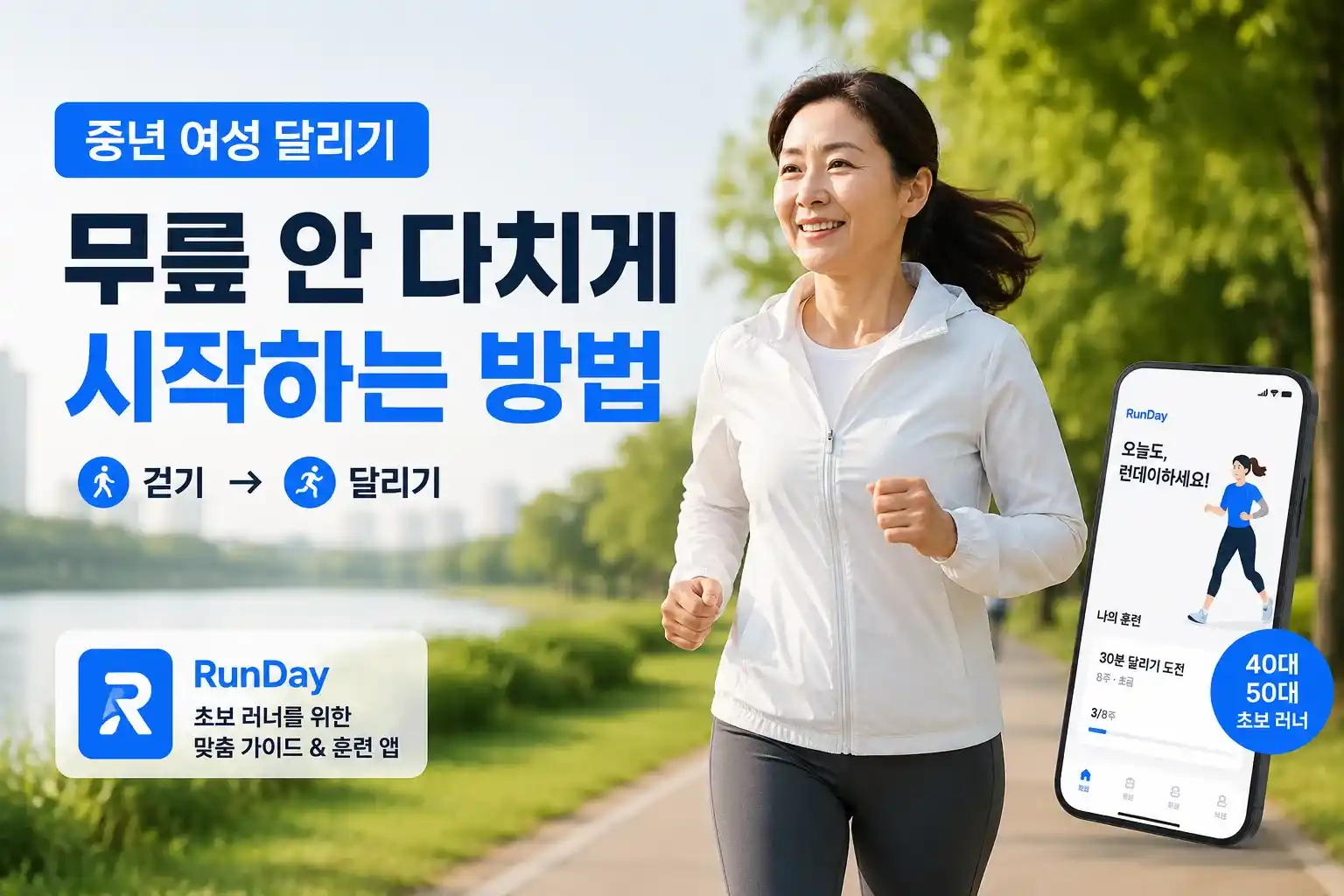 중년 여성 달리기를 무릎 안 다치게 시작하기 위해 런데이 앱을 활용하며 공원을 걷고 뛰는 40대 50대 초보 러너